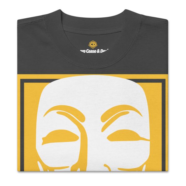 Cease & Desist Limited Edition Laser Orange Anonymous Mask Printed Oversize T-Shirt Label Close-up